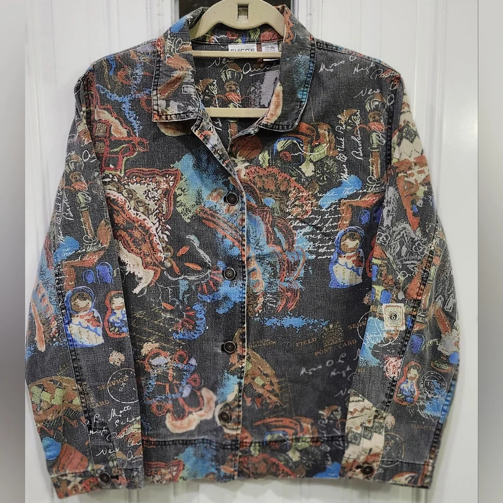 Chico's Black Linen Cotton Button Down Jacket Postcard Themed Print Women's 12